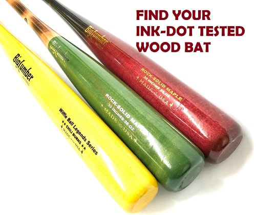 Link to Shop for Ink-Dot Tested Wood Bats - picture of three bats